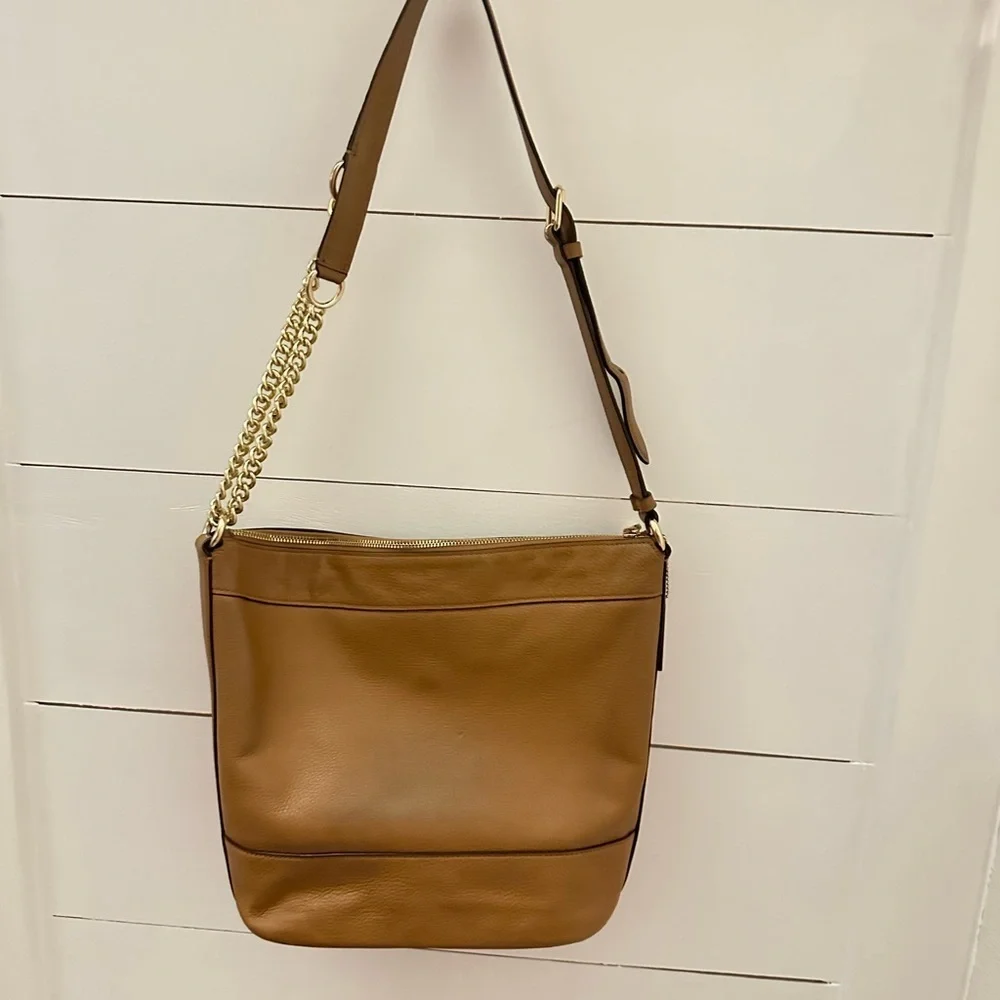 Coach Paxton Duffle Pebbled Leather Convertible Chain Strap Shoulder Bag Tan Cam